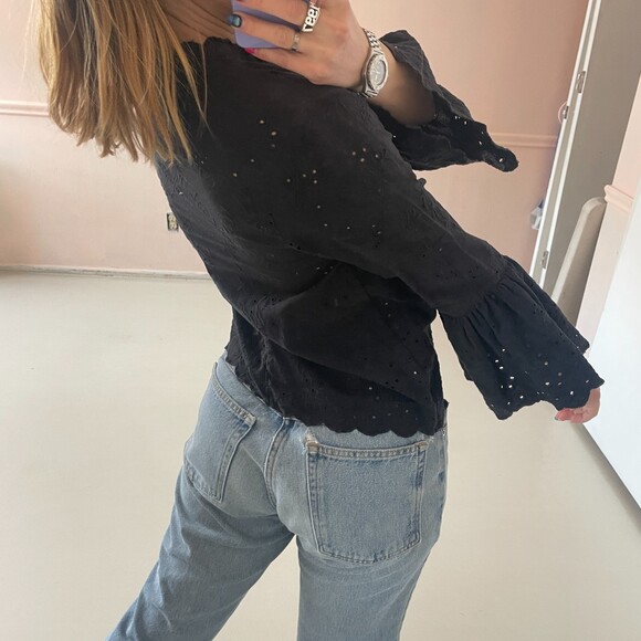 Ulla Johnson Bell Sleeve Eyelet Blouse Top Black 2 - Picture 5 of 7